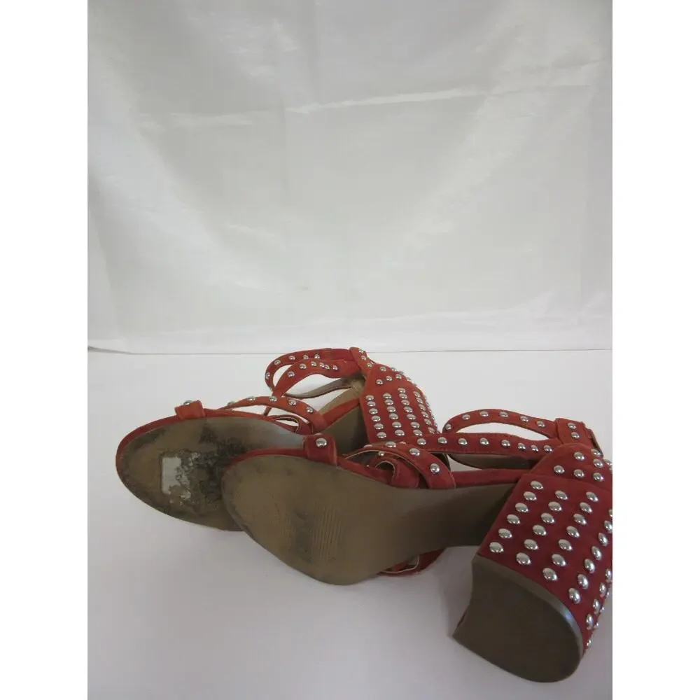 STEVE MADDEN Fara Rust Brick 7M Strappy Studded Block Heel Open Toe Sandals